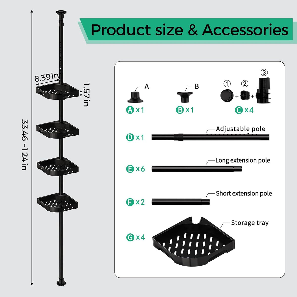 shuang qing 4-Tier Corner Shower Caddy Tension Pole Organizer, Black