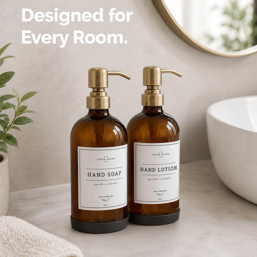 Vine Creations Amber Glass Soap Dispenser, 2 Pack Kitchen Soap Dispenser Set with Stainless Steel Pump, 16 oz Dish Soap and Hand Soap Dispensers for Bathroom with Waterproof Labels and Protective Pads