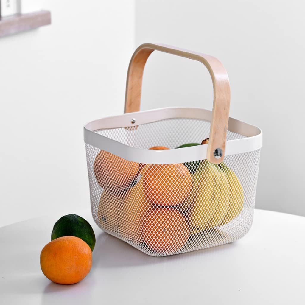 Mesh Steel Storage Organizer Basket Fruit Basket Bin with Wood Handle Ideal for Kitchen Bathroom Picnic Baskets Pantry Cabinets Storage Home Decor (Nebula Green)