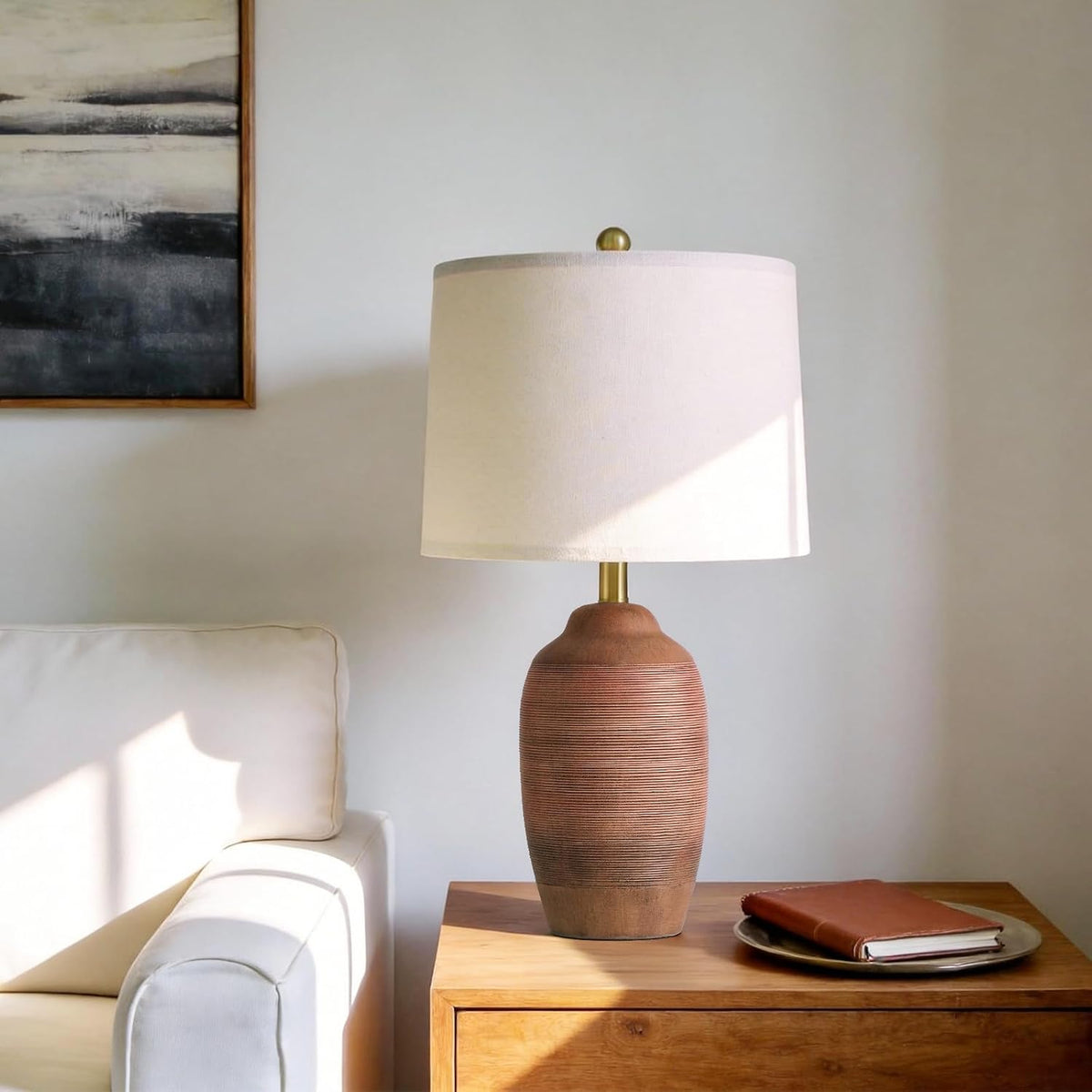 24.5" Single Rustic Terracotta Brown Handcrafted Ceramic Table Lamp 5FT Cord,Farmhouse Vintage Lamp with Linen Drum Shade, Bedside Lamp for Nightstands Bedroom Living Room Entryway,Bulb Not Included