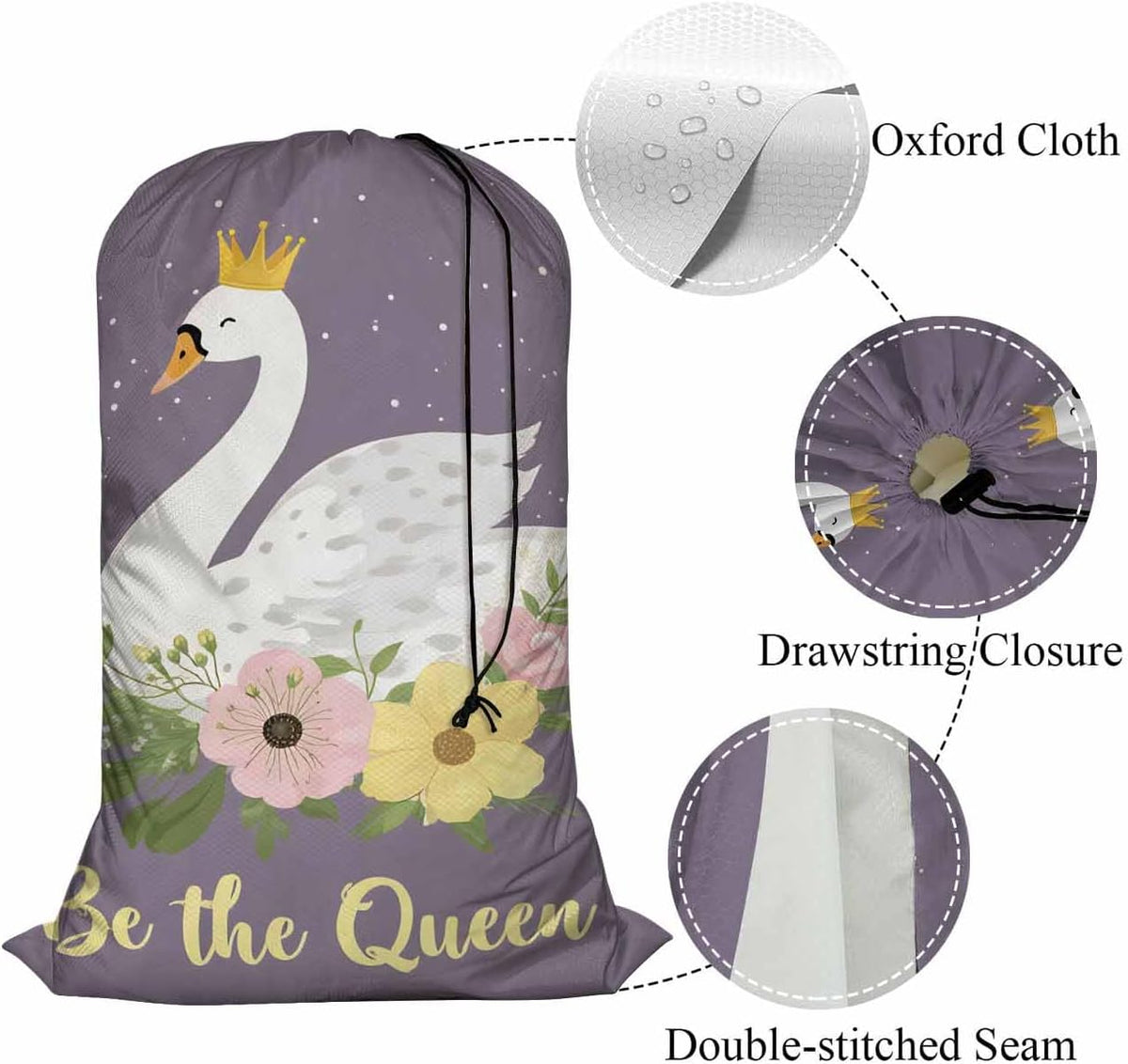 Swono Swan Dining Toy Storage Heavy Duty Basket Laundry Bag with Drawstring White Dreaming Swan Princess with Crown Be The Queen Floral Folding Organizer for Travel Washing Machine, Purple