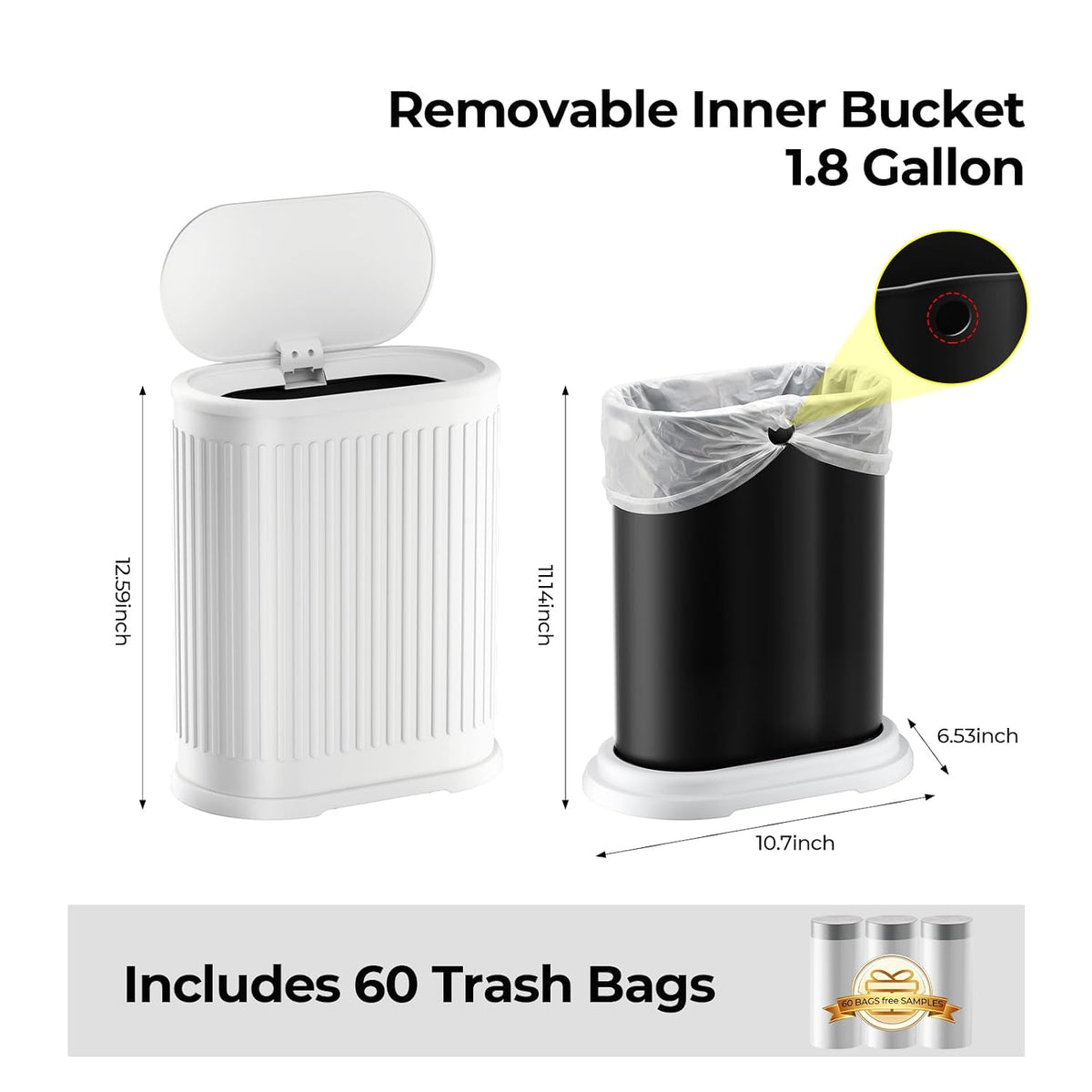 1.8 Gallon Small Bathroom Trash Can with Lid, Press-Top, Slim, White