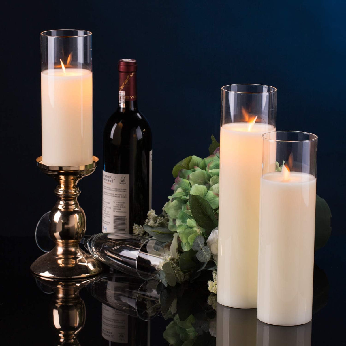 AKU TONPA Pack of 3 Flameless Candles Battery Operated Real Wax Glass Flickering LED Candle Sets with Remote Control Cycling 24 Hours Timer (3" x 8" 10" 12")
