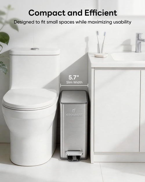 10L/2.6G Slim Bathroom Trash Can, Narrow Stainless Steel Soft-Close Step Pedal Bin with Lid, Odor Control Carbon Box, Removable Inner Bucket, Small Waste Bin for Bedroom, Office, RV (Silver)