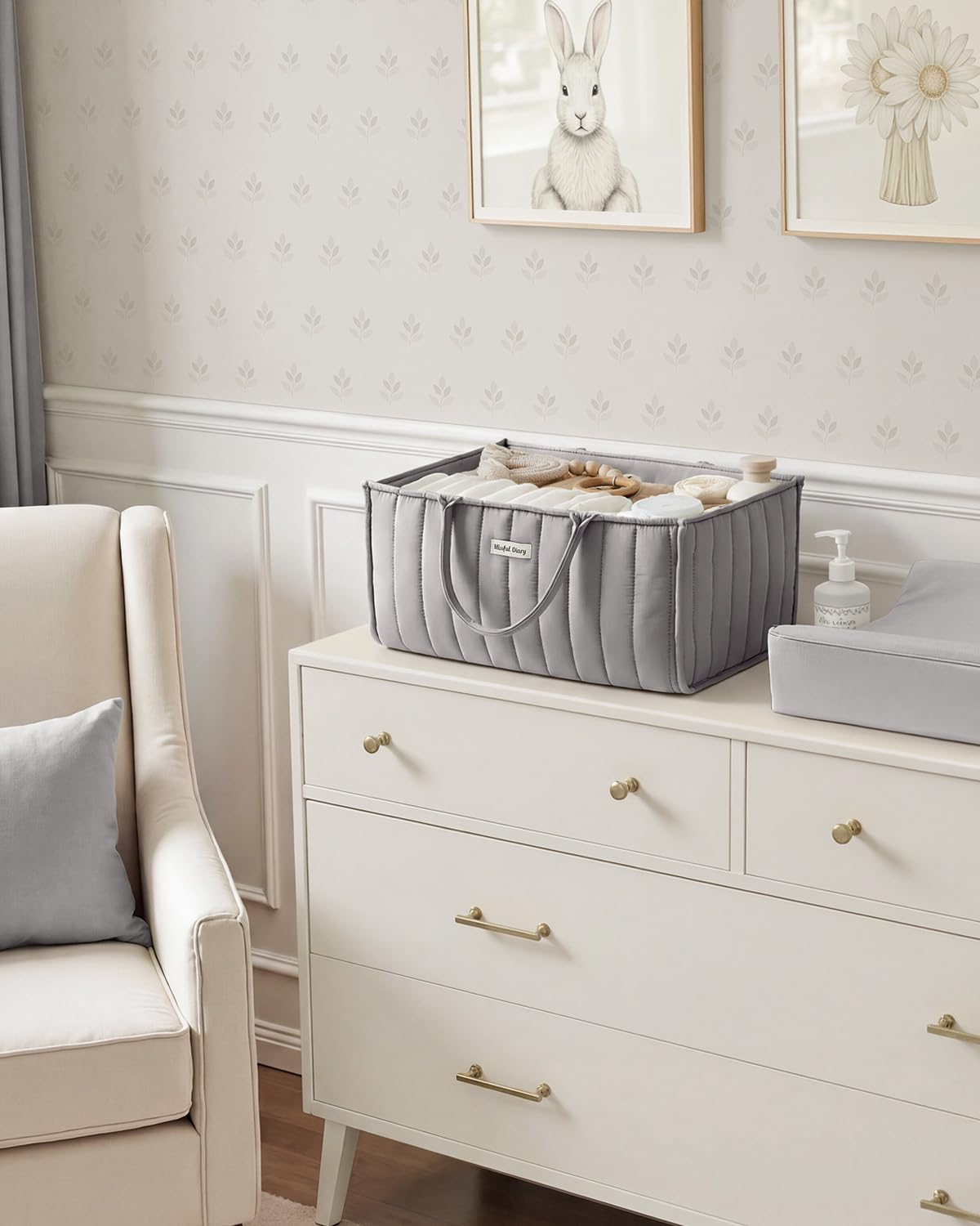 Blissful Diary Baby Diaper Caddy Organizer, Nursery Storage, Light Gray