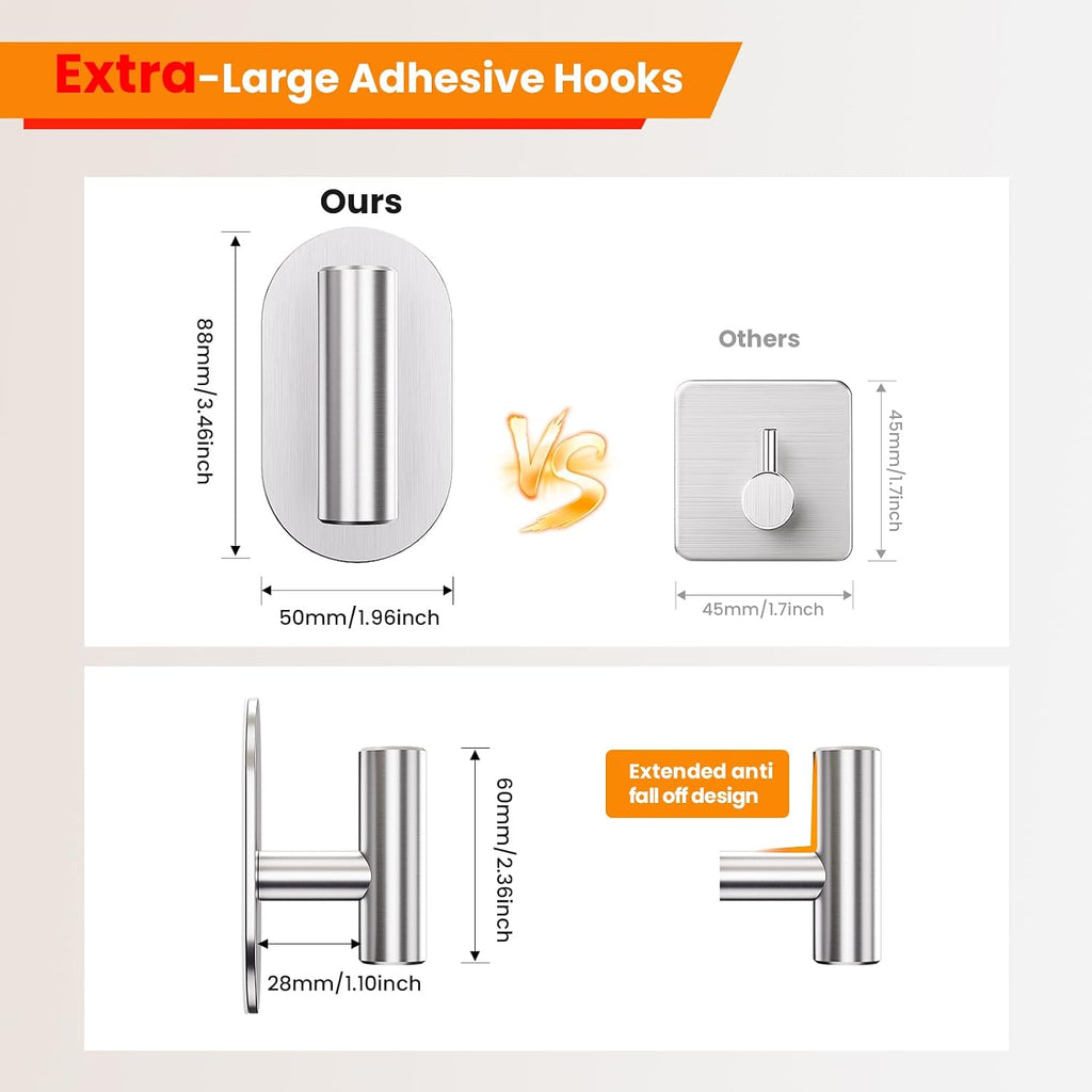 Aikzik Silver Adhesive Hooks Heavy Duty-Max 26lb, Wall Hooks for Shower, Bathroom, Towel, Coat, Robe, Stainless Steel Hooks for Hanging, Sticky Hooks for Walls No Damage- 4 Pack