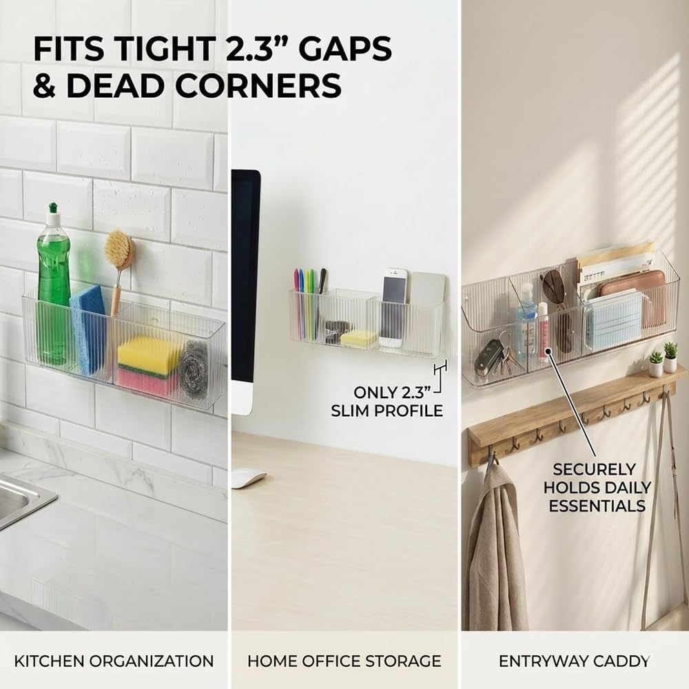 Slim Narrow Wall Mount Bathroom Shelf Organizer, 2.3" Deep, 2 Pack