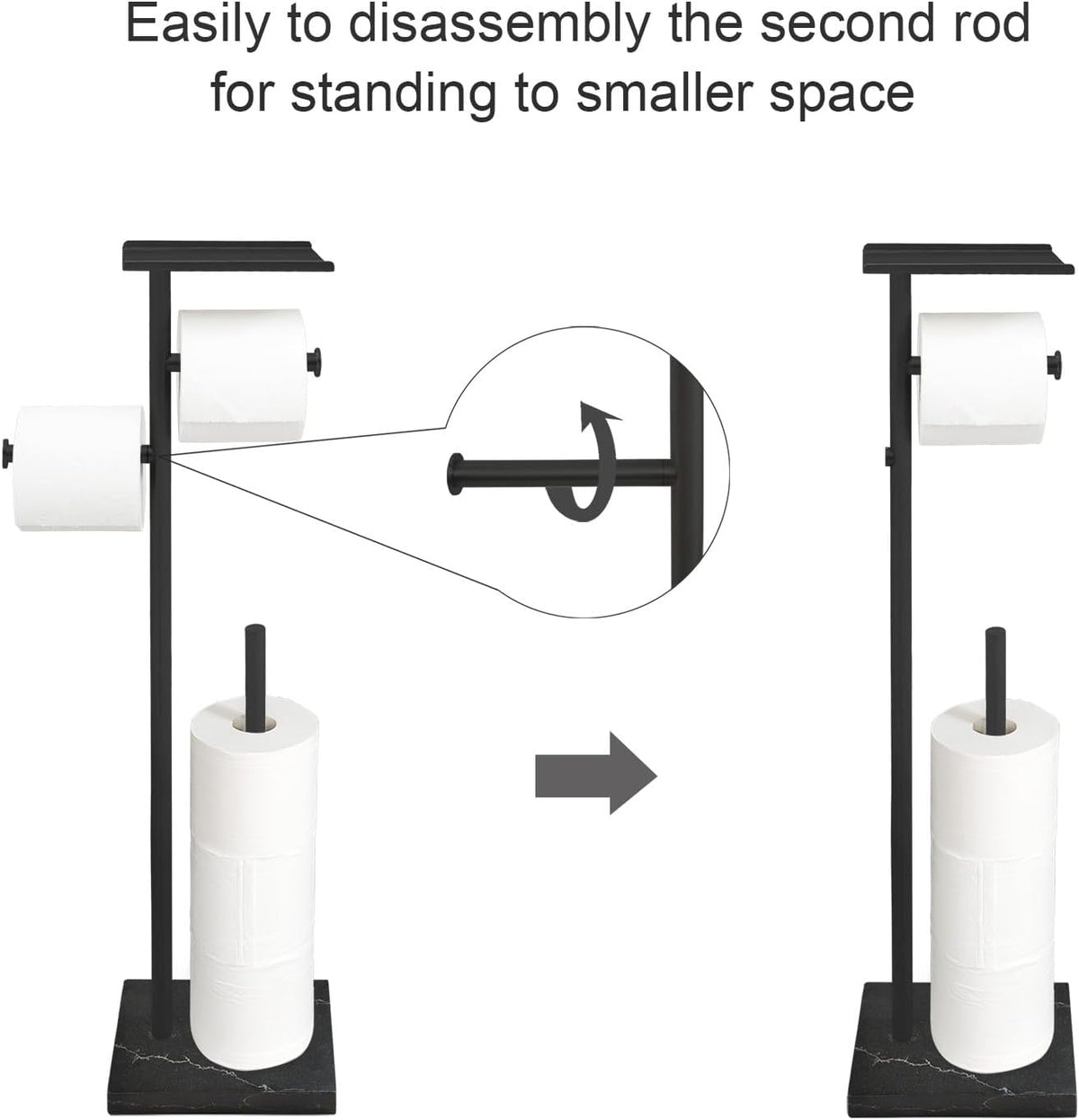 GZILA Toilet Paper Holder Stand with Shelf, Marble Base Free Standing Toilet Paper Double Roll Holder Dispenser, SUS 304 Stainless Steel Storages 5 Reserve Rolls Matte Black