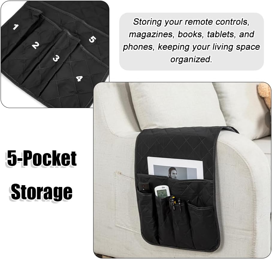RETON Sofa Armrest Organizer 5 Pockets & 8 Hook‑and‑Loop Fasteners (Black)