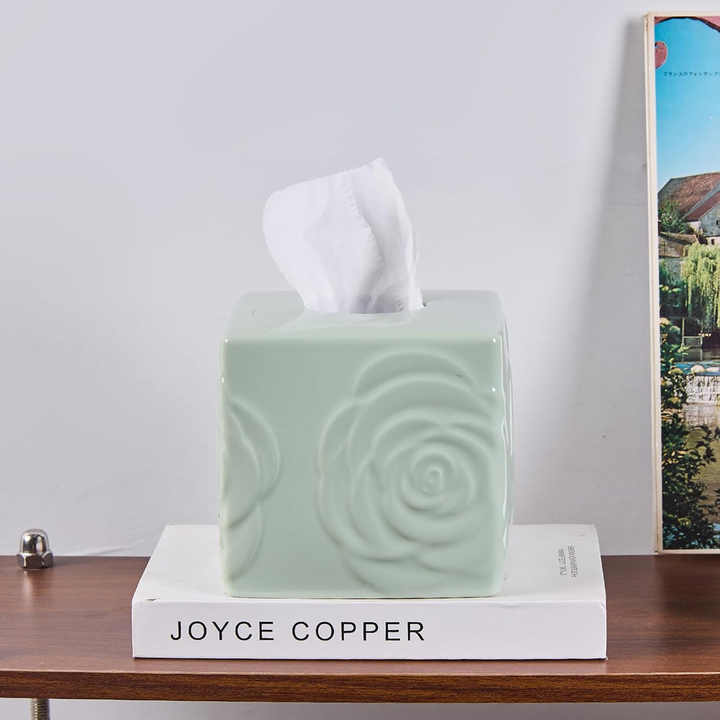 Light Green Ceramic Cube Tissue Box Cover with Rose – Large Elegant Rose Floral Square Decorative Tissue Box Holder for Bathroom, Bedroom, Office Desk, Kitchen Counter – Perfect Housewarming Gift