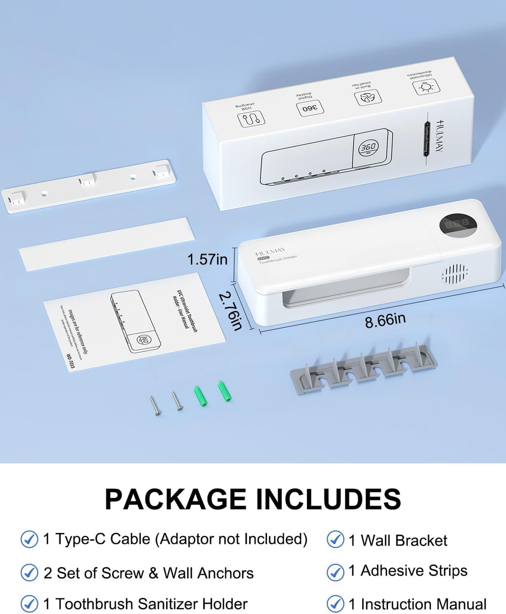 UV Toothbrush Sanitizer with Holder 4 Slots, White