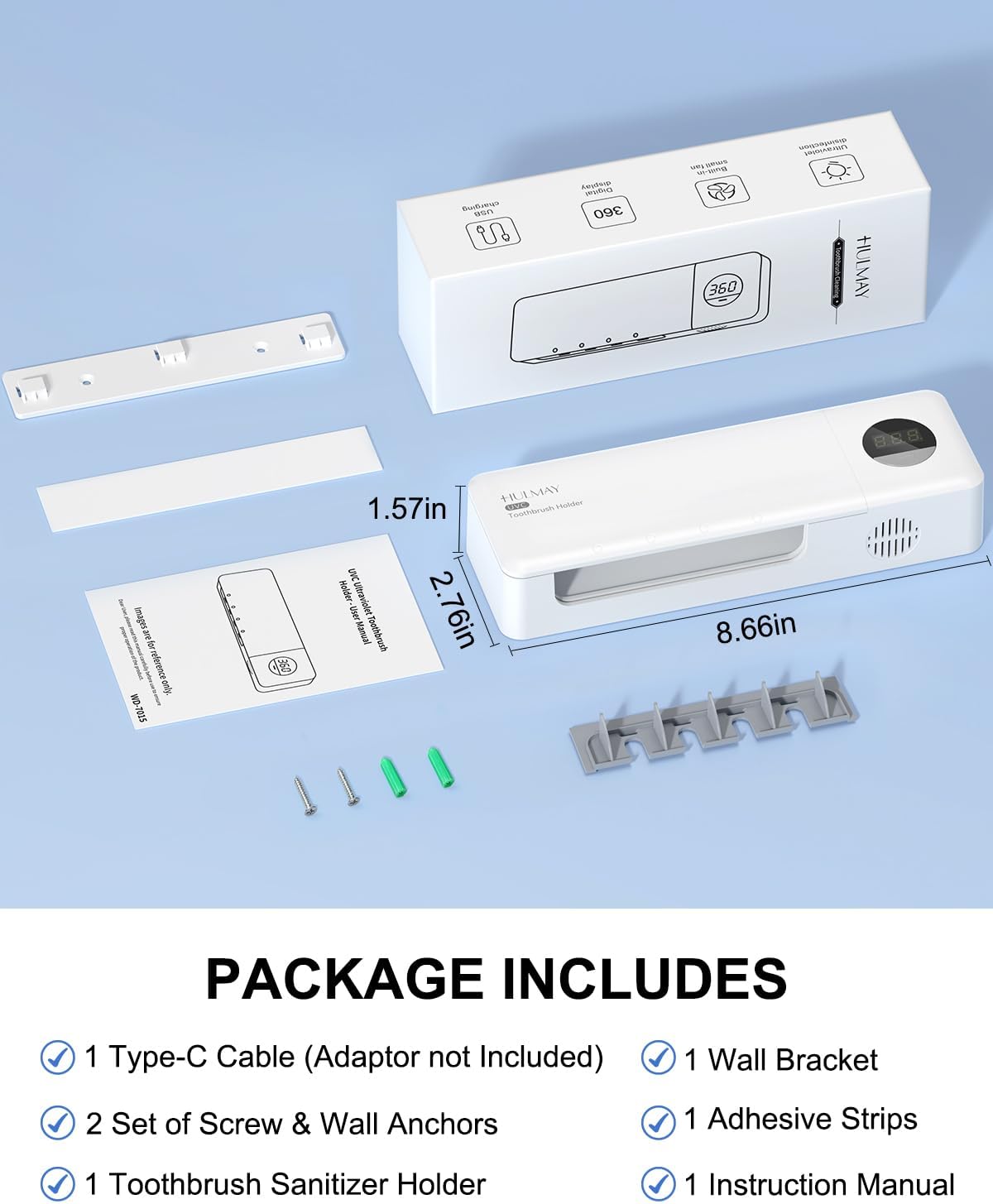 UV Toothbrush Sanitizer with Holder 4 Slots, White