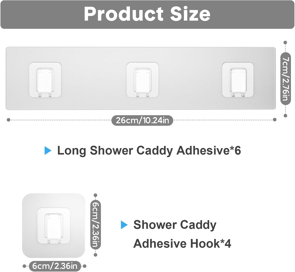 10 Pack Shower Caddy Adhesive Replacement, Waterproof Shower Shelf Adhesive Strips, Strong Adhesive Flat Hooks for Bathroom Storage Shelves and Kitchen Racks No Drilling, Clear