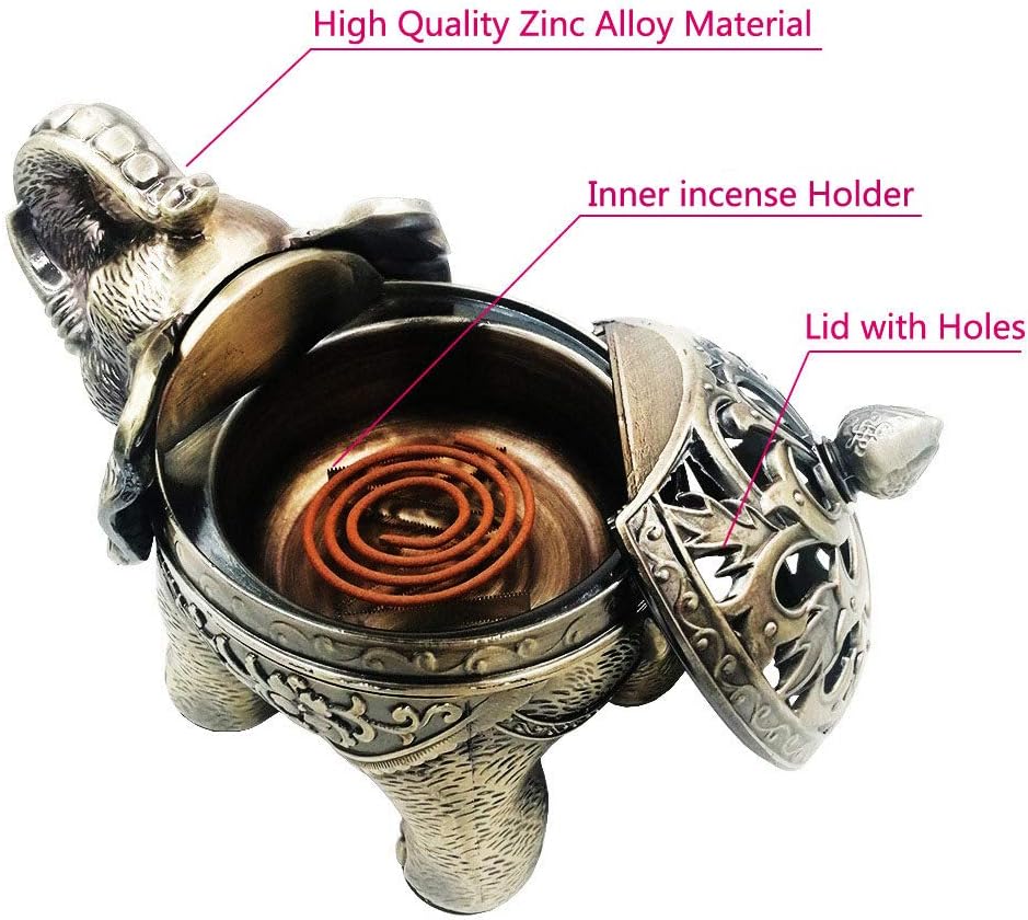 Hourwof Metal Elephant Incense Holder,Vintage Cone Coil Incense Burner with Lid,Ash Catcher,Aromatherapy Ornament Home Office Decor,Bronze