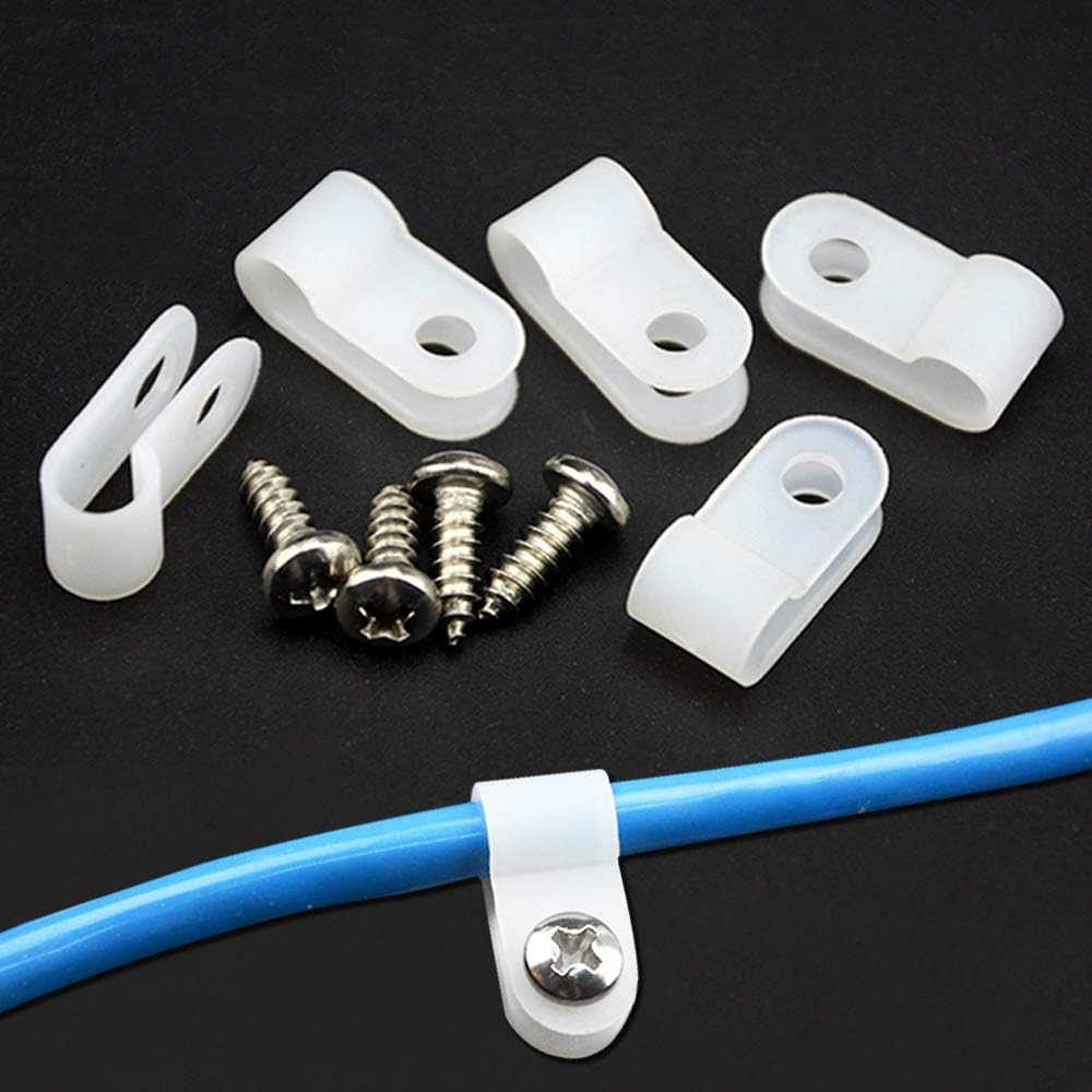 100pcs White Nylon R-Type Cable Clamps Fastener for 1/8 Inch (3.2mm) Dia Wire Tube Plastic Wire Cord Clip Fixer with 100 Pack Screws for Wire Management