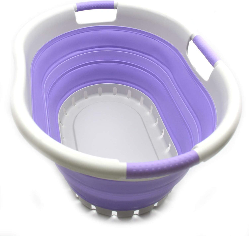 SAMMART 36L (9.5 gallon) Collapsible 3 Handled Plastic Laundry Basket-Foldable Pop Up Storage Container/Organizer-Space Saving Basket (3 handled Oval, Grey/Purple)