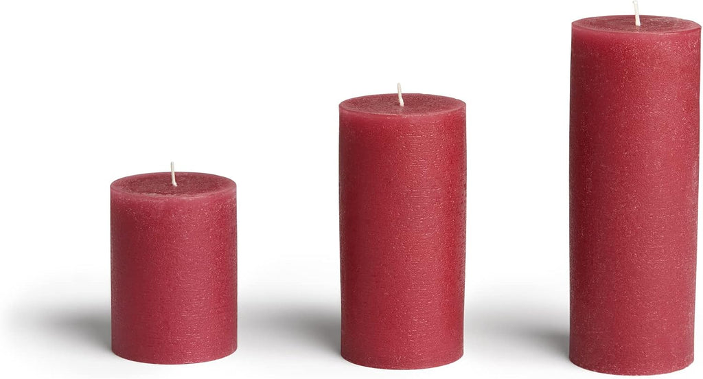 BASK Mottled Pillar Candles - Unscented Burgundy Candles Set of 3 - Dripless, Smokeless for All Occasions