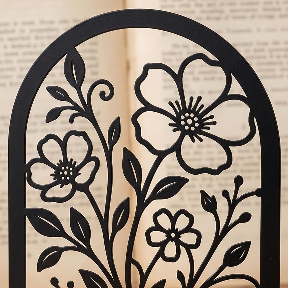 2 Pairs Books & Flowers Motifs Black Metal Bookends for Shelves