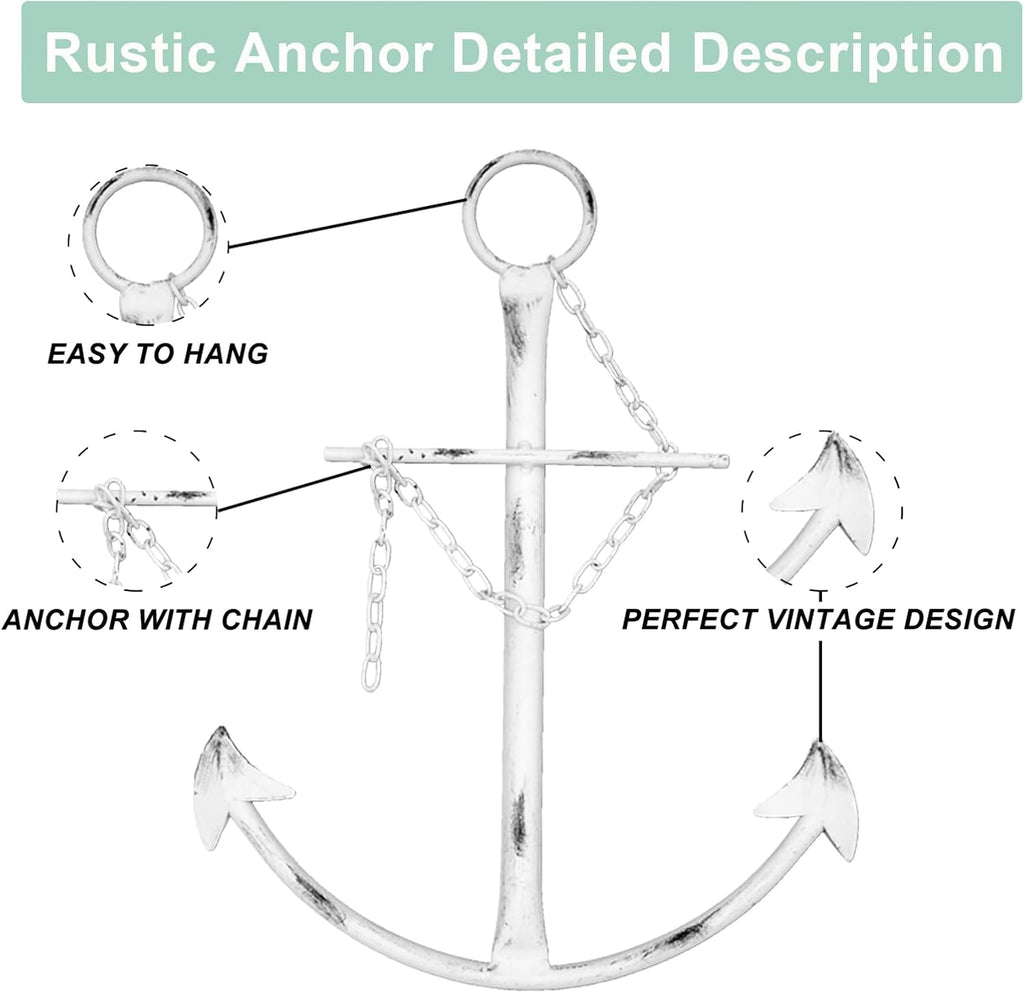 Fleecy day Nautical Anchor Wall Decor, Antique Metal Anchor Art Wall Decor With Chain,Vintage decorations for Bedroom,Living Room,Dorm Home,13in Antique Farmhouse Decor (Vintage White)