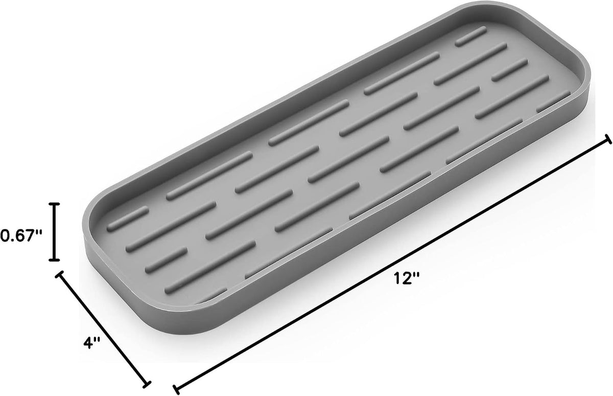 MicoYang Silicone Kitchen Sink Organizer Tray for Multiple Usage,Eco-Friendly Sponges Holder for Kitchen Bathroom Counter or Sink,Dish Soap Dispenser,Scrubber,Bottle,Cup (Grey, 12"×4")