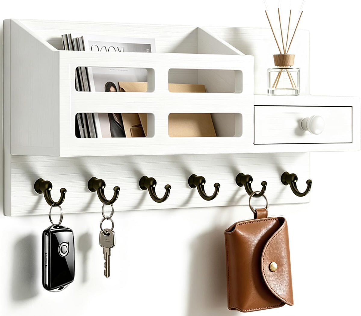 White Key and Mail Holder for Wall with 6 Hooks and Storage Drawer Drawer & Mail Storage Compartment, 2 Installation Options, Space‑Saving for Entryway, Hallway & Mudroom