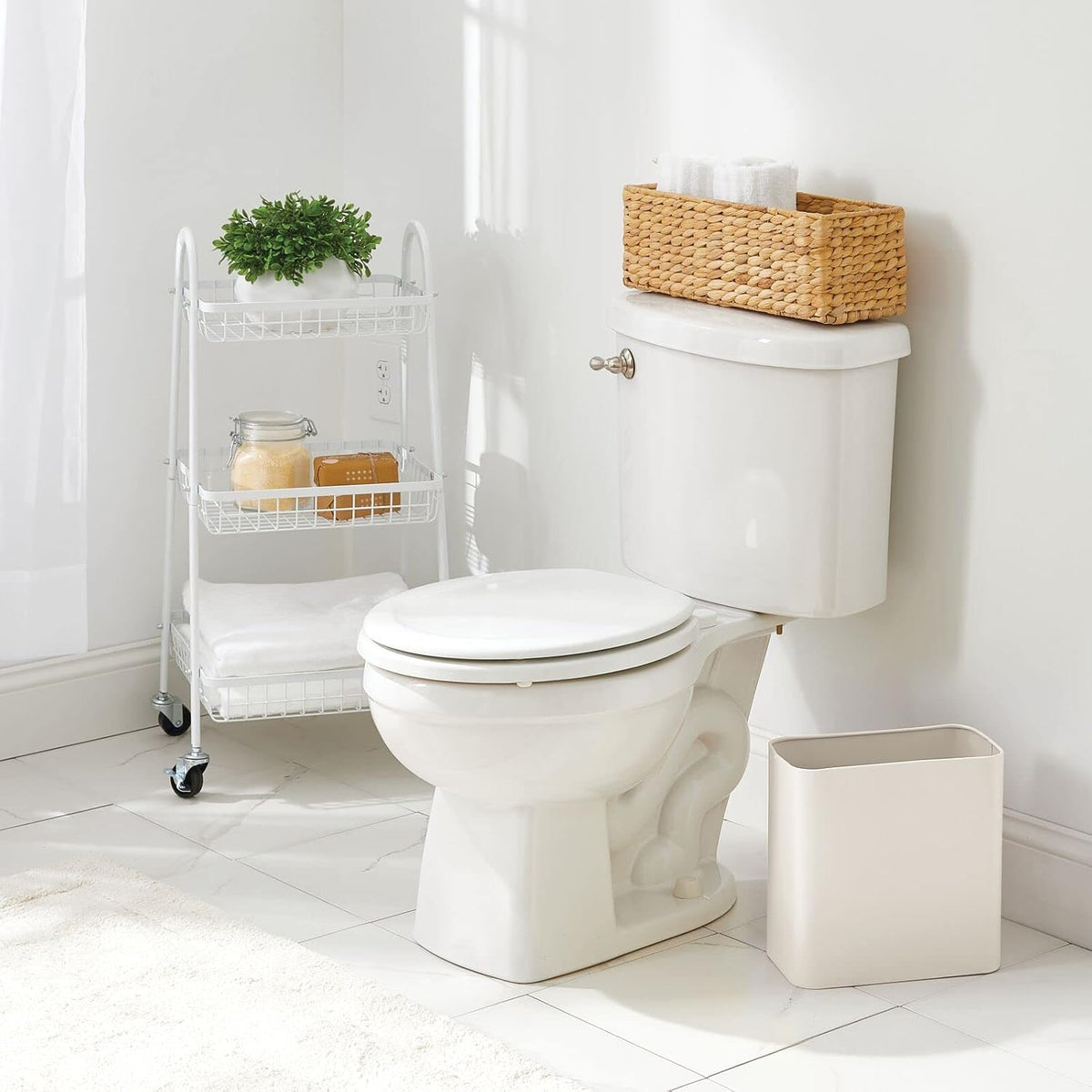mDesign Small Metal 2.4 Gallon/9 Liter Trash Can Wastebasket Garbage Bin for Bathroom, Slim Rubbish Waste Bin Trashcans - Mirri Collection - Cream