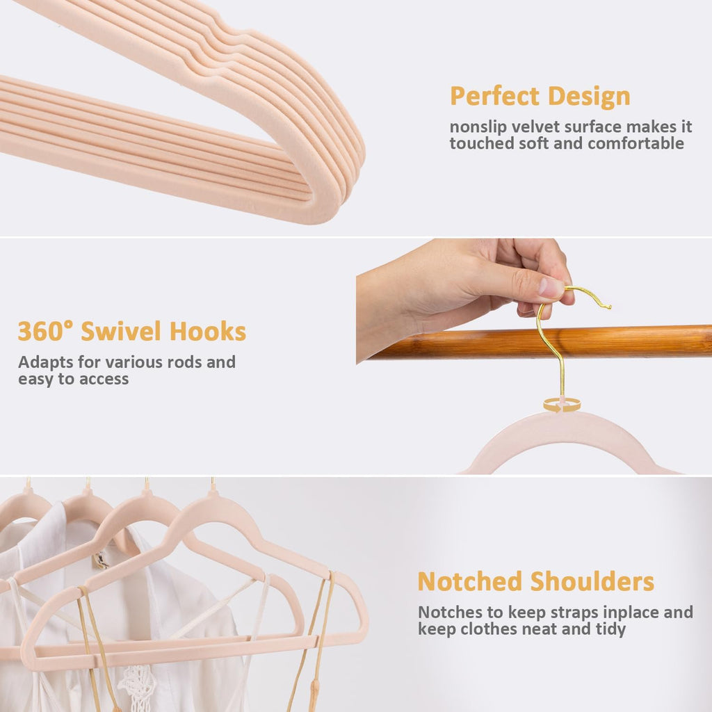 Premium Velvet Hangers 60 Pack, Non Slip Flocked Felt Hangers, Heavy Duty Coat Hangers, Slim Space Saving Clothes Hangers with 360° Swivel Gold Hooks for Coats, Suits, Dresses - Pink
