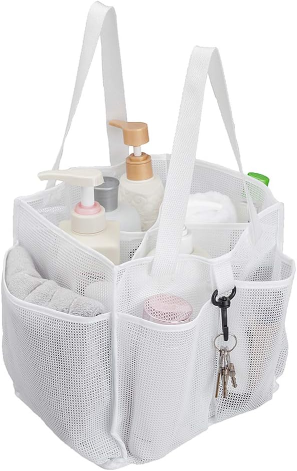 ALYER Mesh Shower Caddy Basket,Large Shower Bag Tote,Hanging Bath Toiletry Organizer with 1 Big Separated Inner Compartment and 6 Deep Outer Pockets (White)
