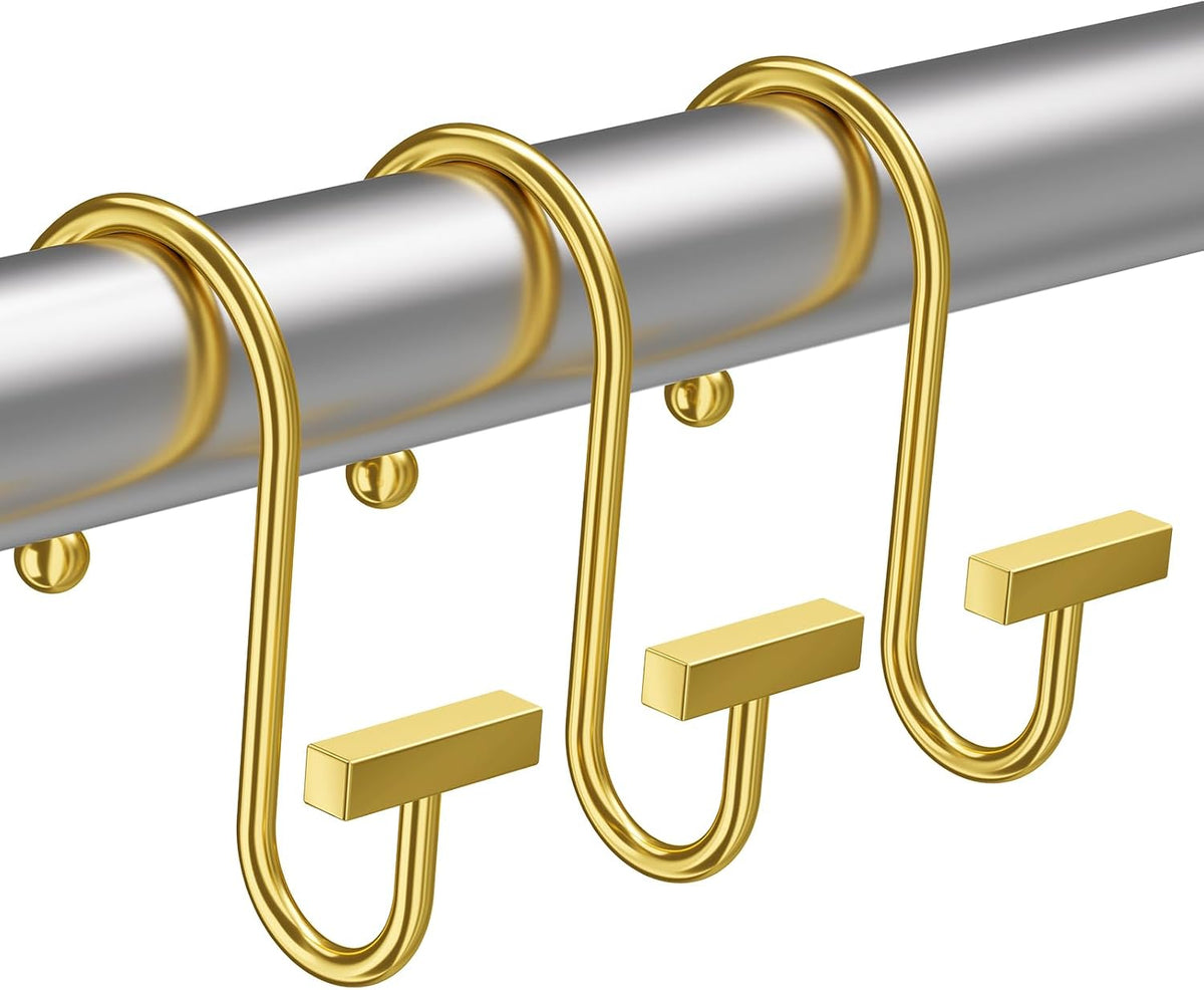 Warm Gold Shower Curtain Hooks, Bathway Shower Curtain Rings Rust Proof, 12PCS Shower Hooks for Shower Curtain, T-Bar Design Convenient Elegant Shower Curtain Hangers for Bathroom Kitchen Wardrobe