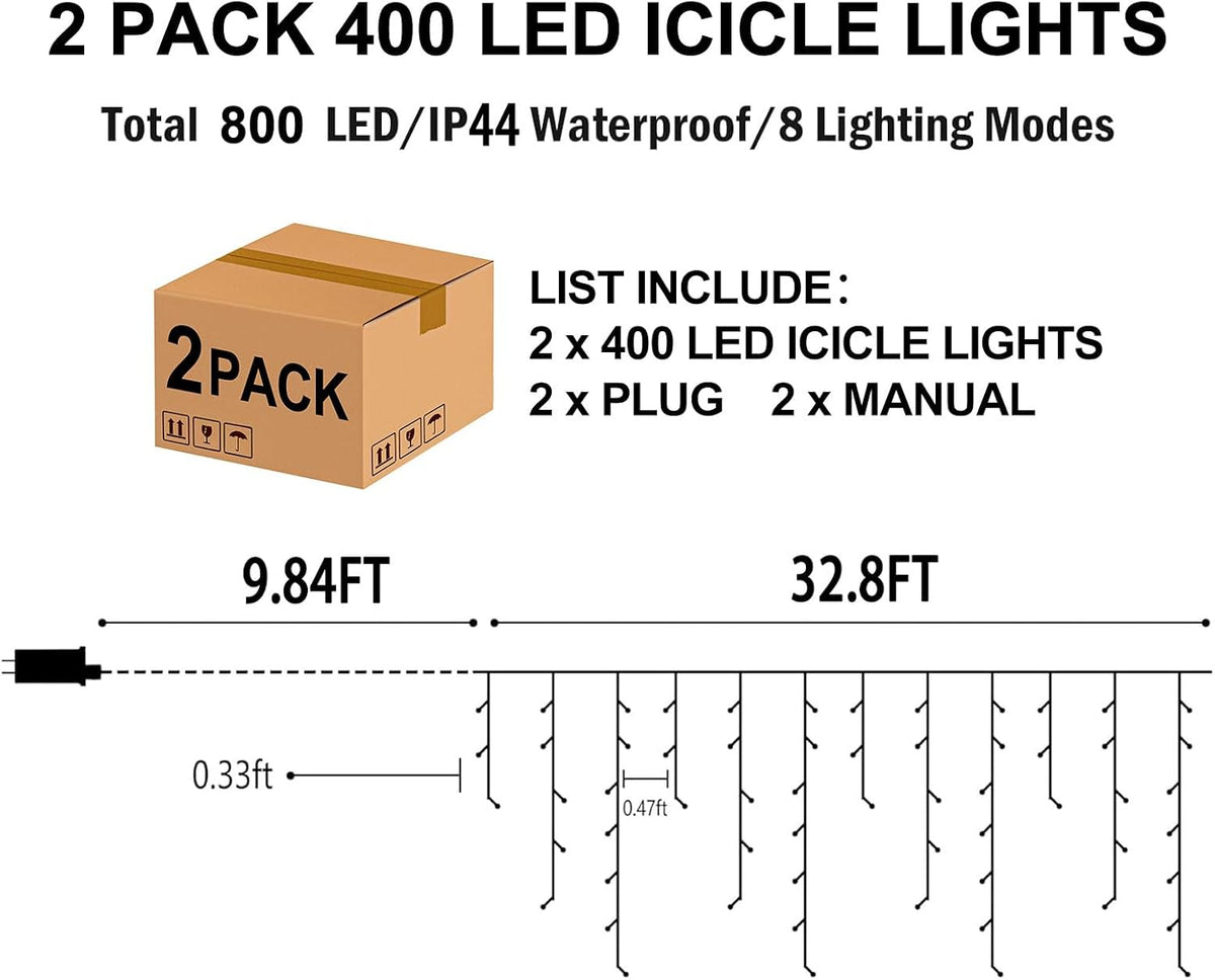 Hezbjiti 2Pack Total 800LED Ice Lights 33FT Christmas Lights String Lights Outdoor Decoration 8 Modes 150 Drops Fairy Lights for Eaves Party Yard Garden Xmas Decor（Multicolor）