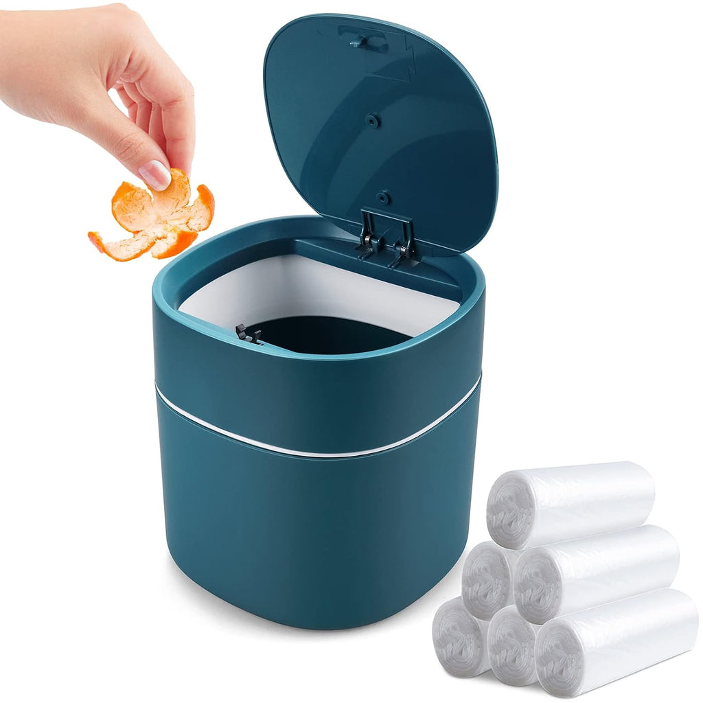 Mini Desk Trash Can with Pop-Up Lid Includes 180 Bags 0.5 Gallon, Blue
