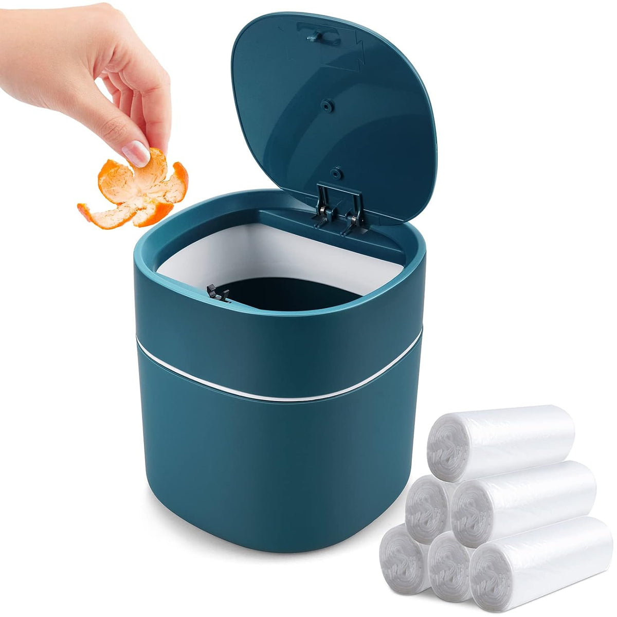 Mini Desk Trash Can with Pop-Up Lid Includes 180 Bags 0.5 Gallon, Blue
