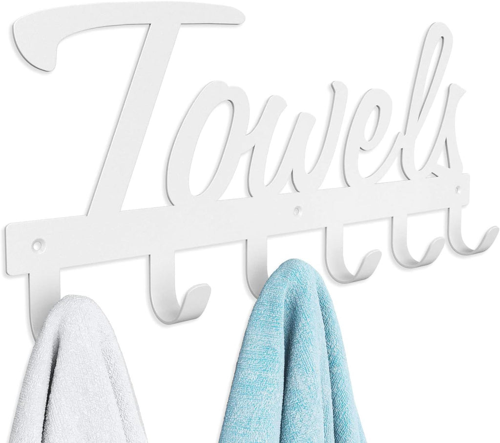 Livelab Towel Rack, Towel Racks for Bathroom Wall Mounted, 6 Hooks White Towel Holder for Bathroom Space Saving, Waterproof Rustproof Easy Install Towel Hanger for Bathroom, Pool, Living Room