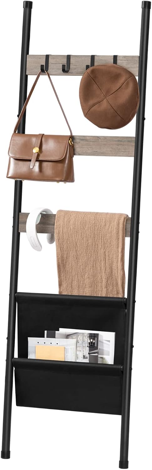 HOOBRO Blanket Ladder, 5 Tier Towel Rack, 17.3" L x 63" H, Wall-Leaning Blanket Rack for Living Room, Decorative Ladder with 4 Hooks and Magazine Pocket, Greige BG32CJ01