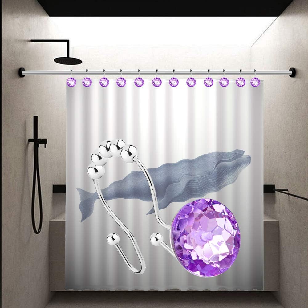 Shower Curtain Hooks Rings for Bathroom, 12PCS Double Hooks Glide Anti Rust Crystal Rhinestones Shower Curtain Rings Hangers for Shower Curtains, Clothing, Towels, etc. (Purple)