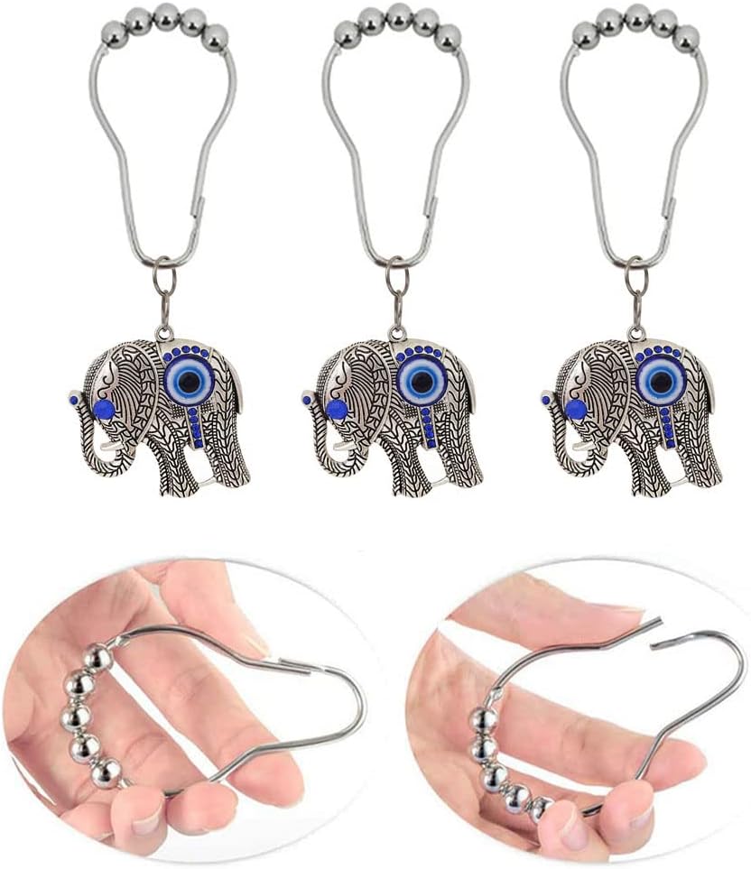 Decorative Elephant Shower Curtain Hooks Rings for Bathroom, Rust Proof Stainless Steel Curtain Ring Set of 12 with Unique Pendant Blue Eye Beads Elephant Theme Bathroom Decor Accessories