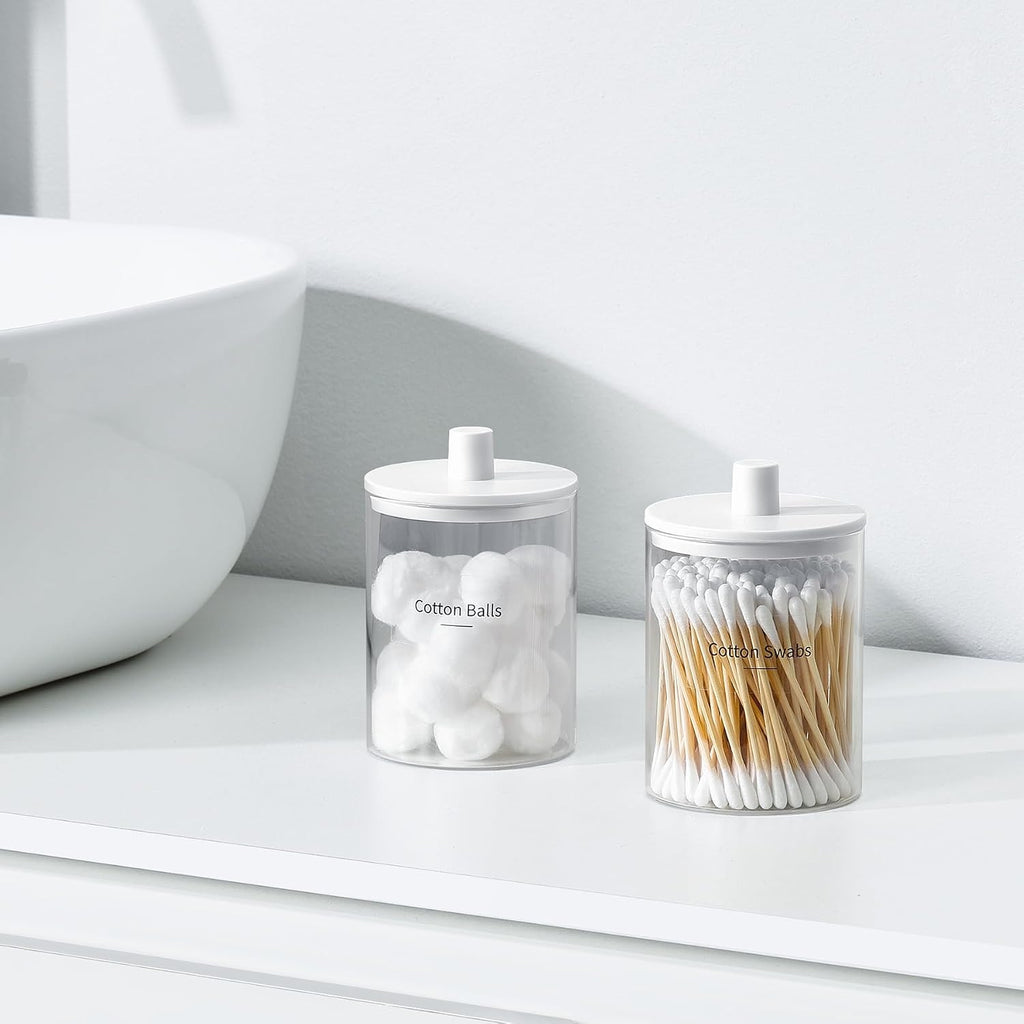 3 Pack Glass Qtip Holder Dispenser- 10 oz Clear Canister Apothecary Jar, Bathroom Vanity Storage Organizer Set for Cotton Swabs, Pads, Floss Picks, Small Containers for Makeup Storage (White)
