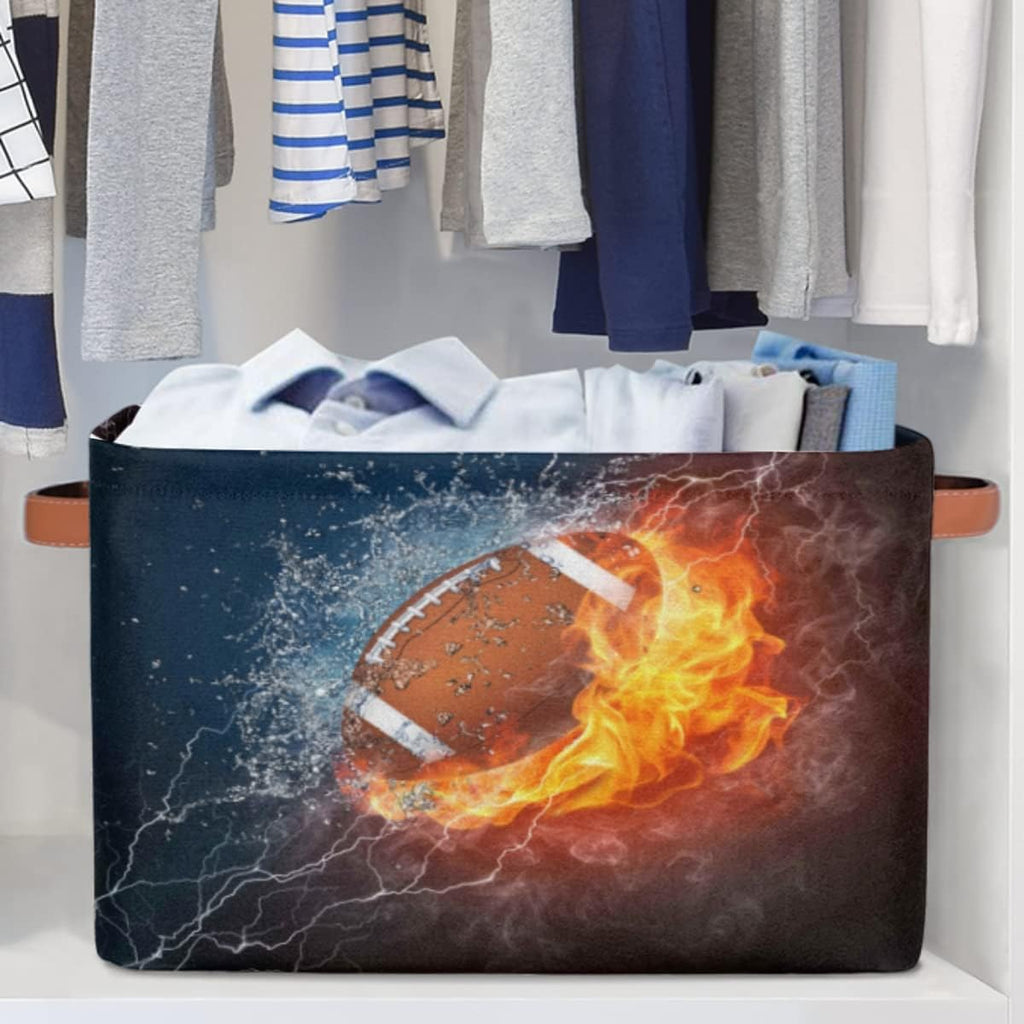 Large Storage Baskets for Organizing Shelves Sport Ball American Football Foldable Cube Storage Bins with Handles Rectangle Fabric Closet Organizers for Home Toys Clothes, 1 Pack