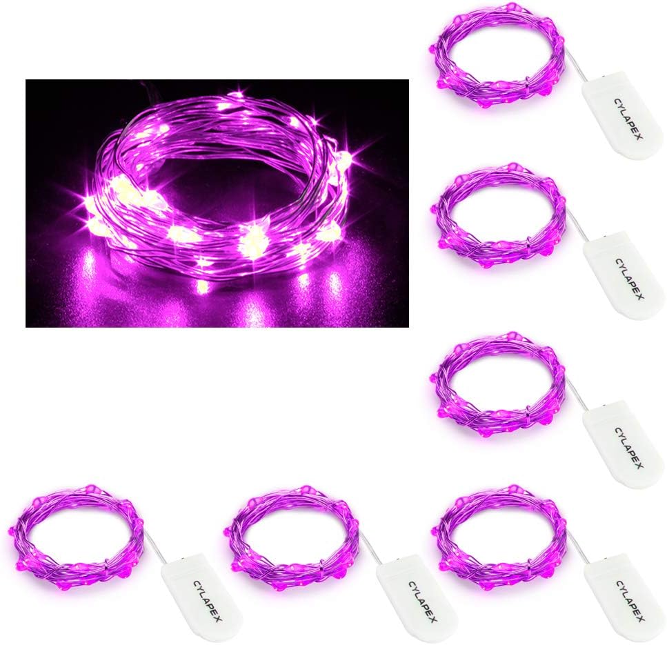 CYLAPEX 6 Pack Fairy Lights Battery Operated 7ft 20 LED Mini String Lights Silver Wire Firefly Starry Moon Twinkle Lights for Halloween Mason Jars Party Christmas Centerpiece Table Decorations, Purple