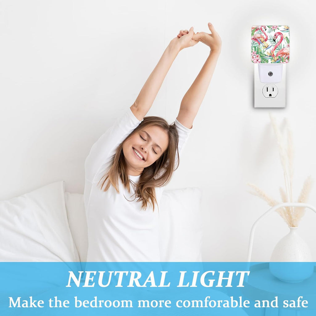 Summer Flamingo Night Light, Plug-into Wall Palm Tree Tropical Flower Nightlight Lamp with Dusk to Dawn Sensor, Led Lamp 0.5W Energy Efficient for Boys Girls Adults Home Decor