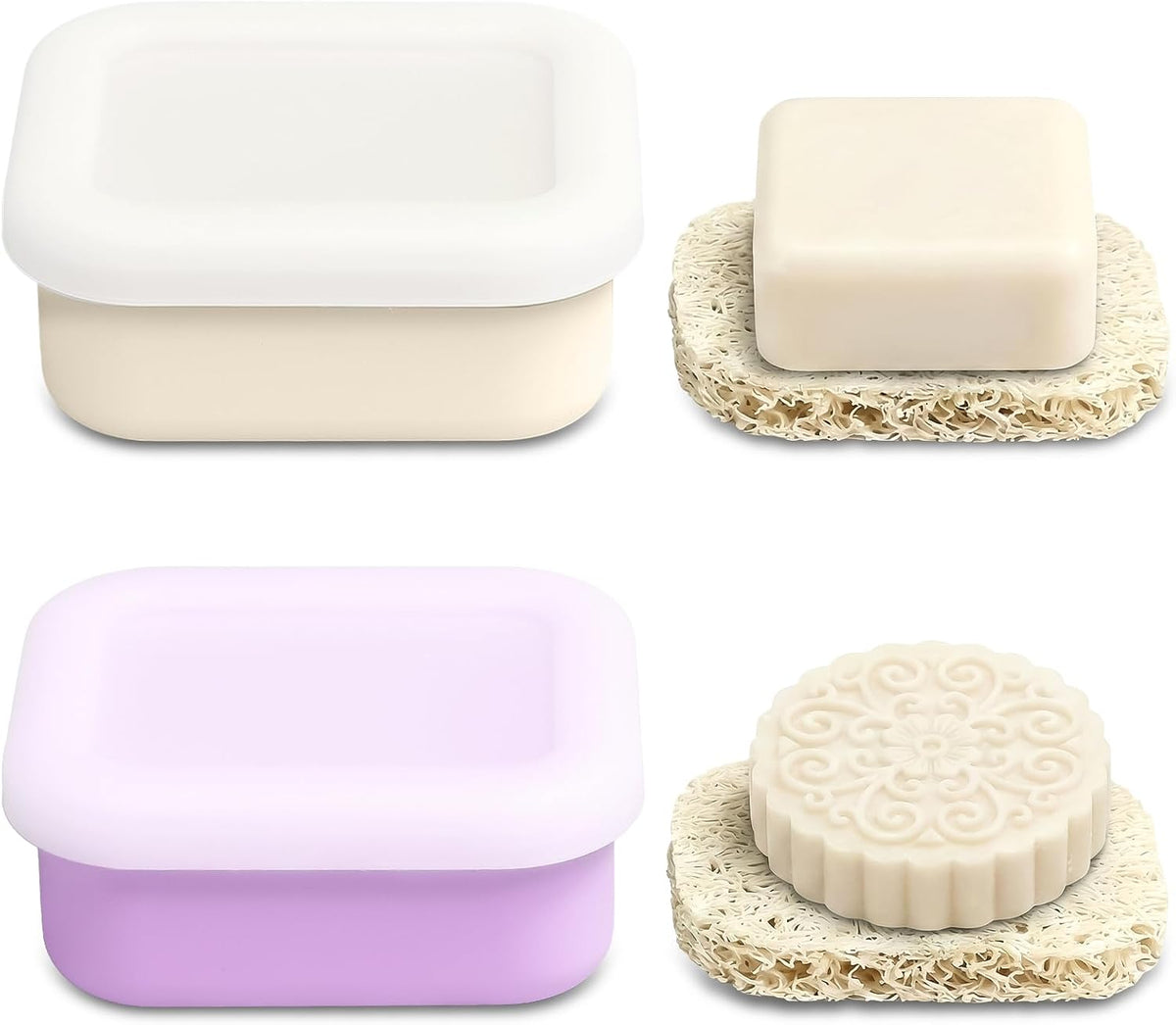 OTHIX 2 Pack Leakproof Silicone Travel Soap Case Travel Essentials-Small Bar Soap Holder Container with Drainage Layer & Mini Portable Soap Dish for Shampoo Bars, Gym, Camping (Cream & Light Purple)