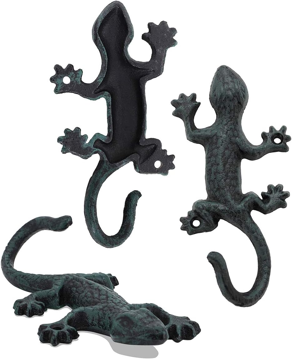 Gecko Towel Hooks, Cast Iron Coat Hook, Rustic, 3Pcs