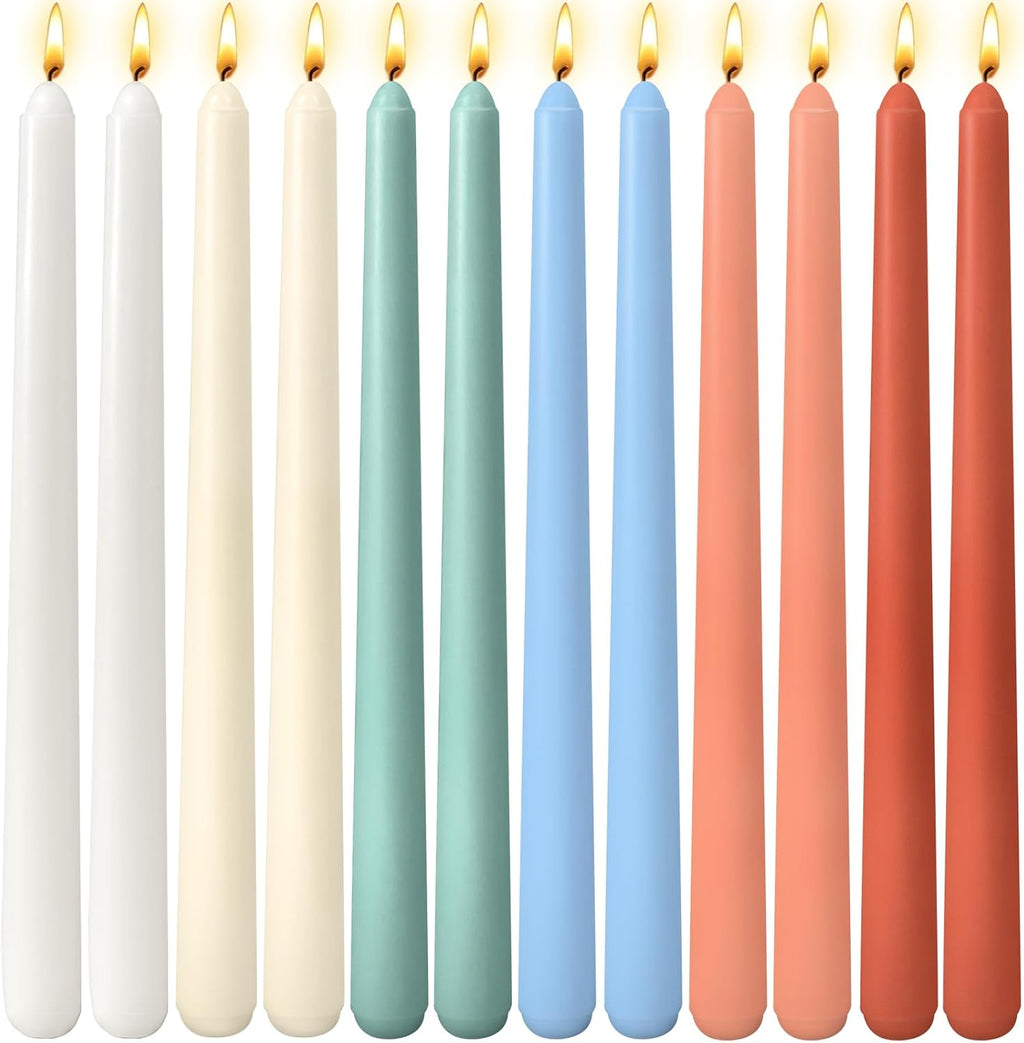 12 Pack 10 inch Assorted Color Taper Candle Set for Holiday Dinner Party, Unscented Long Candlesticks, Dripless and Smokeless, 7-8 Hours Burn