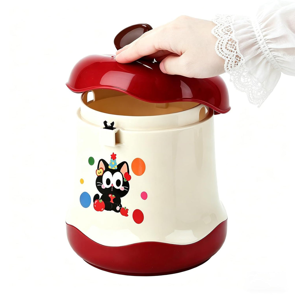 Cute Mini Desktop Trash Can - Small Desk Garbage Bin with One-Touch Press Lid - 6.3 Inch Plastic Waste Basket for Home Office, Bedroom, Vanity, Car - Cat Design (Red)