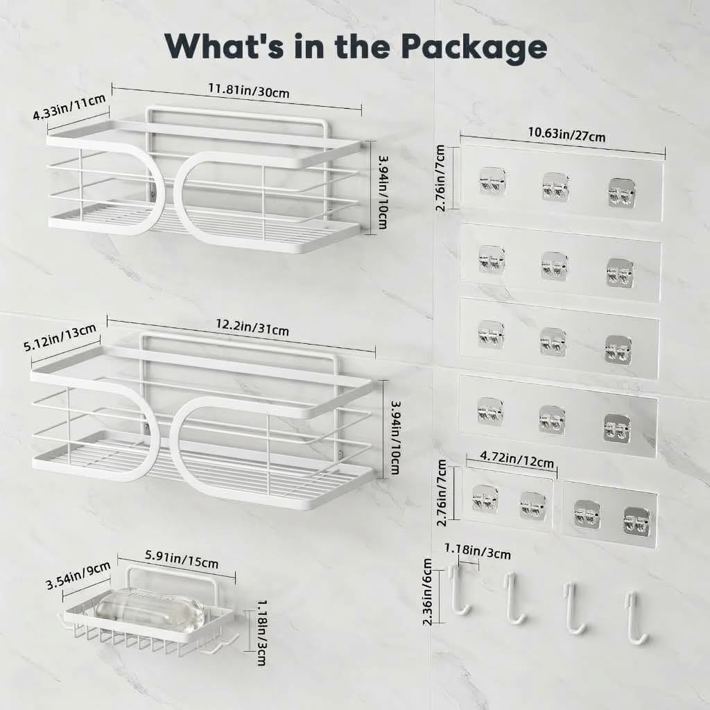 Shower Caddy 3 Pack with Soap Holder No Drill Wall Mounted 304 Stainless Steel Durable Large Capacity Adhesive Shower Rack Organiser Quick Dry Rustproof Bathroom Storage Shelves(White)