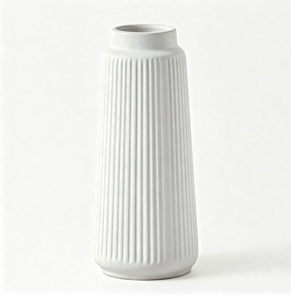 vensovo 8 Inch Glossy White Ceramic Vase, Conical Ribbed Flower Vase