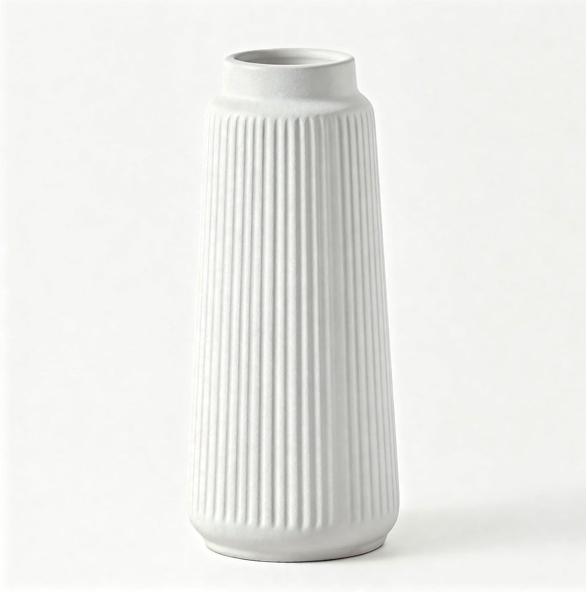 vensovo 8 Inch Glossy White Ceramic Vase, Conical Ribbed Flower Vase