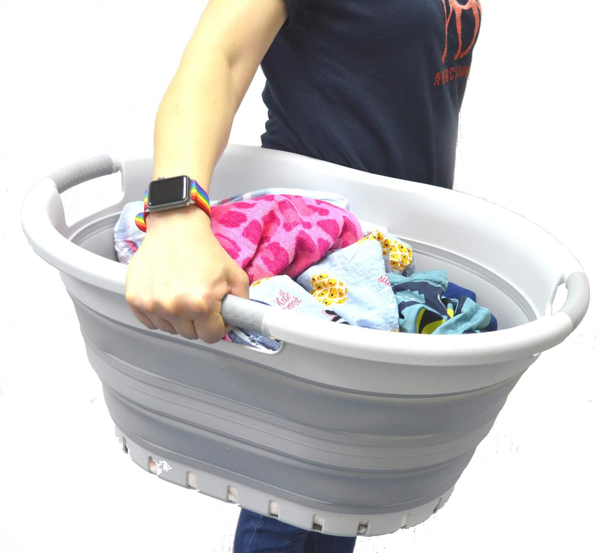 SAMMART 36L (9.5 gallon) Collapsible 3 Handled Plastic Laundry Basket-Foldable Pop Up Storage Container/Organizer-Space Saving Basket (3 handled Oval, Grey/Grey)