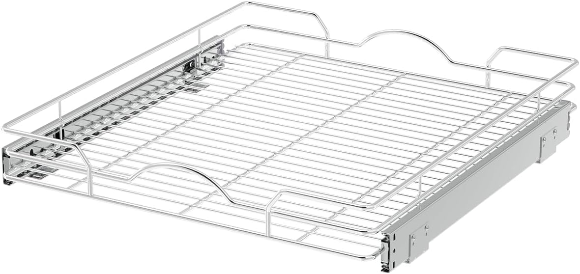 OCG Pull Out Cabinet Organizer 2 Pack (21" W x 21" D), Pull out Shelves 1 Tier, Cabinet Slide Out Shelves for Base Cabinet Organization in Kitchen Bathroom Pantry, Bottom Mount, Chrome Finish