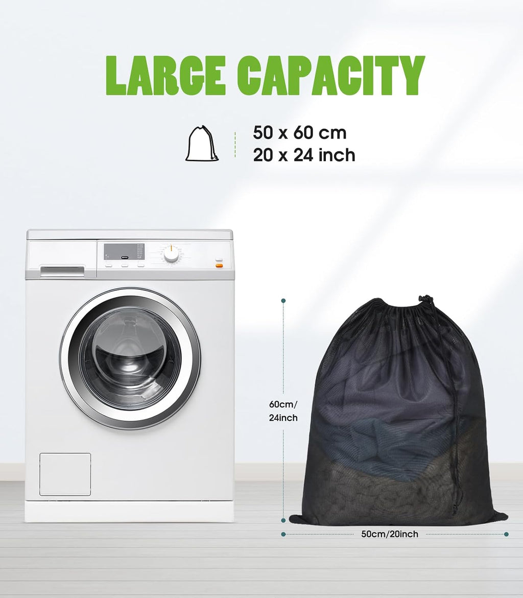 OTraki 20x24 inch Mesh Laundry Bags 2 Pack Fine Mesh Heavy Duty Drawstring Bag Washable Medium Toy Sack Washing Bag for Home Dorm Hotel Camp Beach Travel Storage Don't Drying, Melting 140-176℉ Black